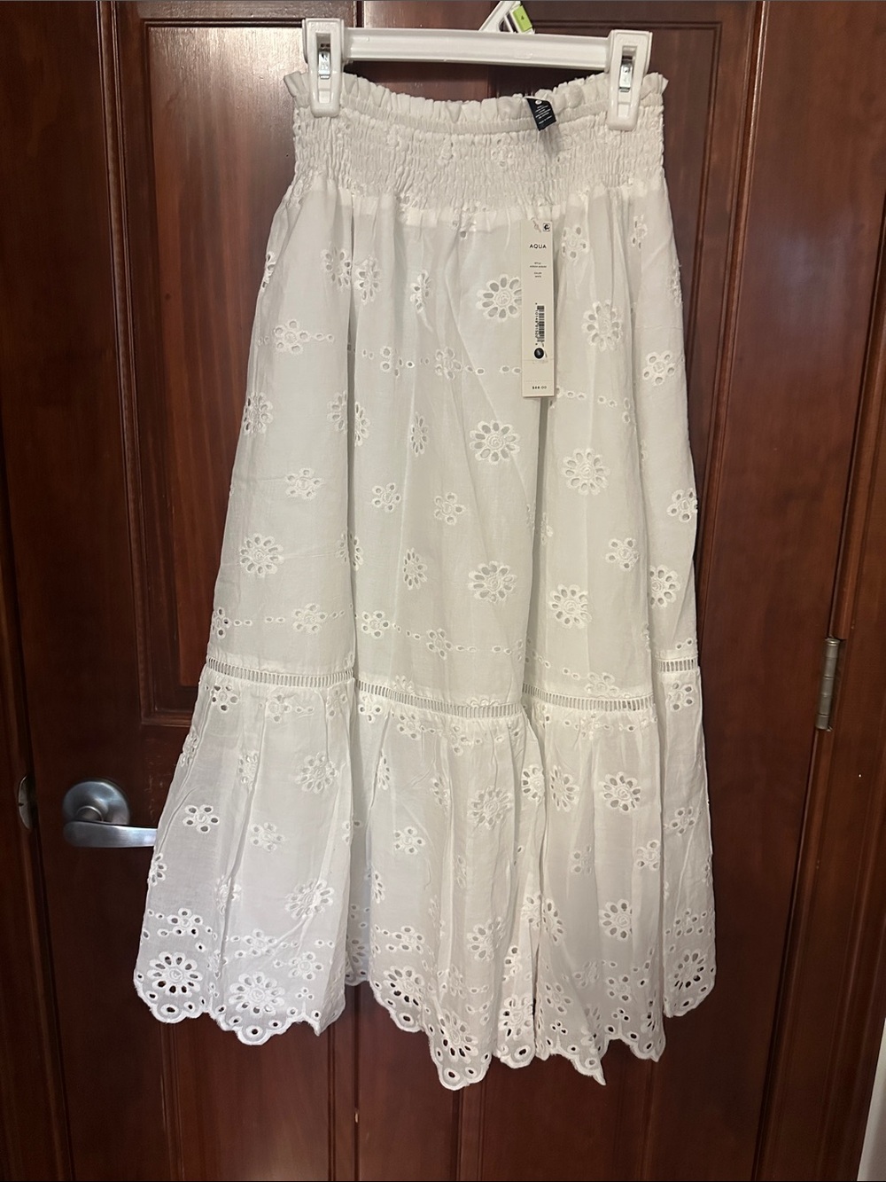 Aqua White Eyelet Tiered Midi Skirt with Smocked Waist